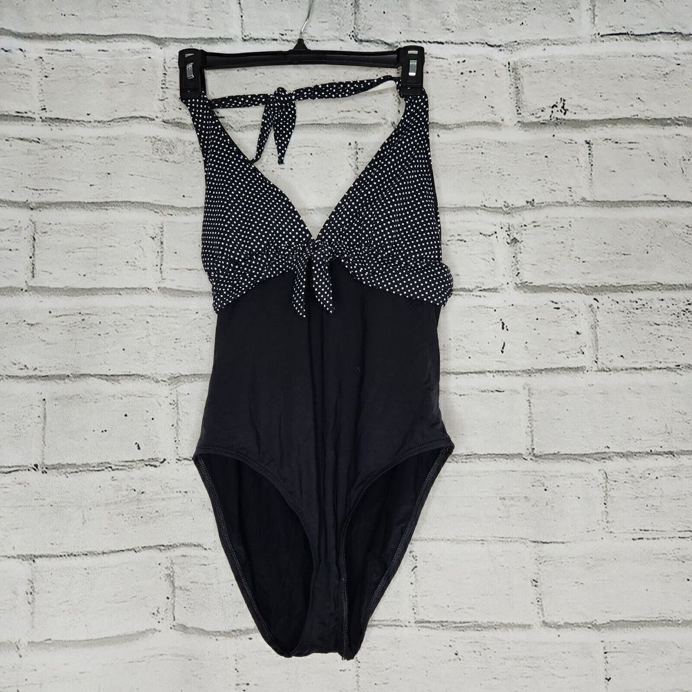 La Blanca Women's Black White Halter Top Polka Dot One Piece Swimsuit Size 12